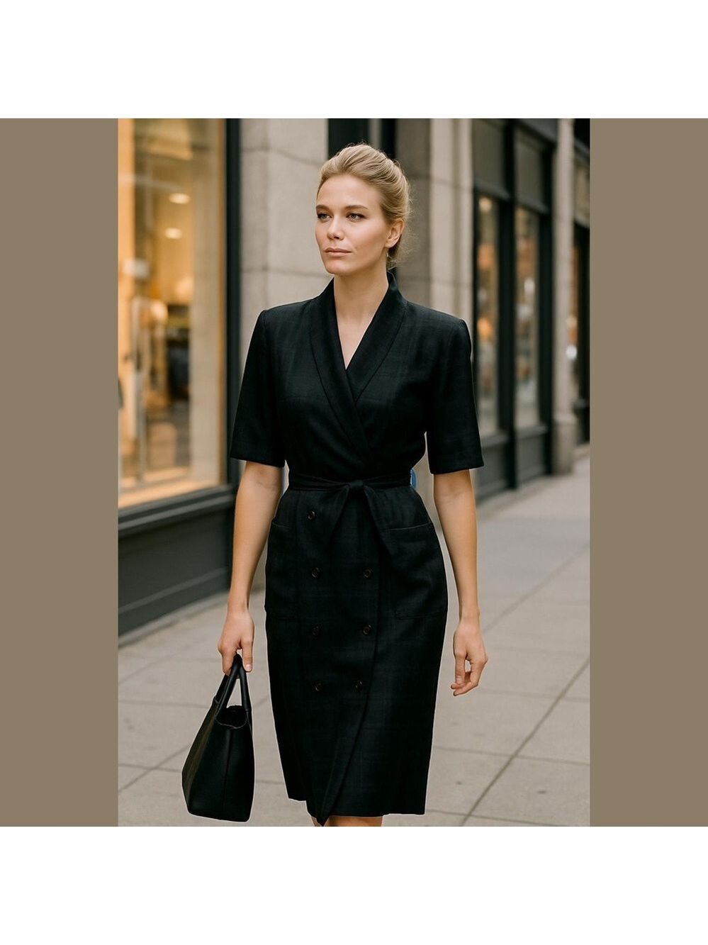 80s PEARL C BLACK ON BLACK PLAID PATTERN MIDI SHIRT DRESS W SHAWL COLLAR SZ 10